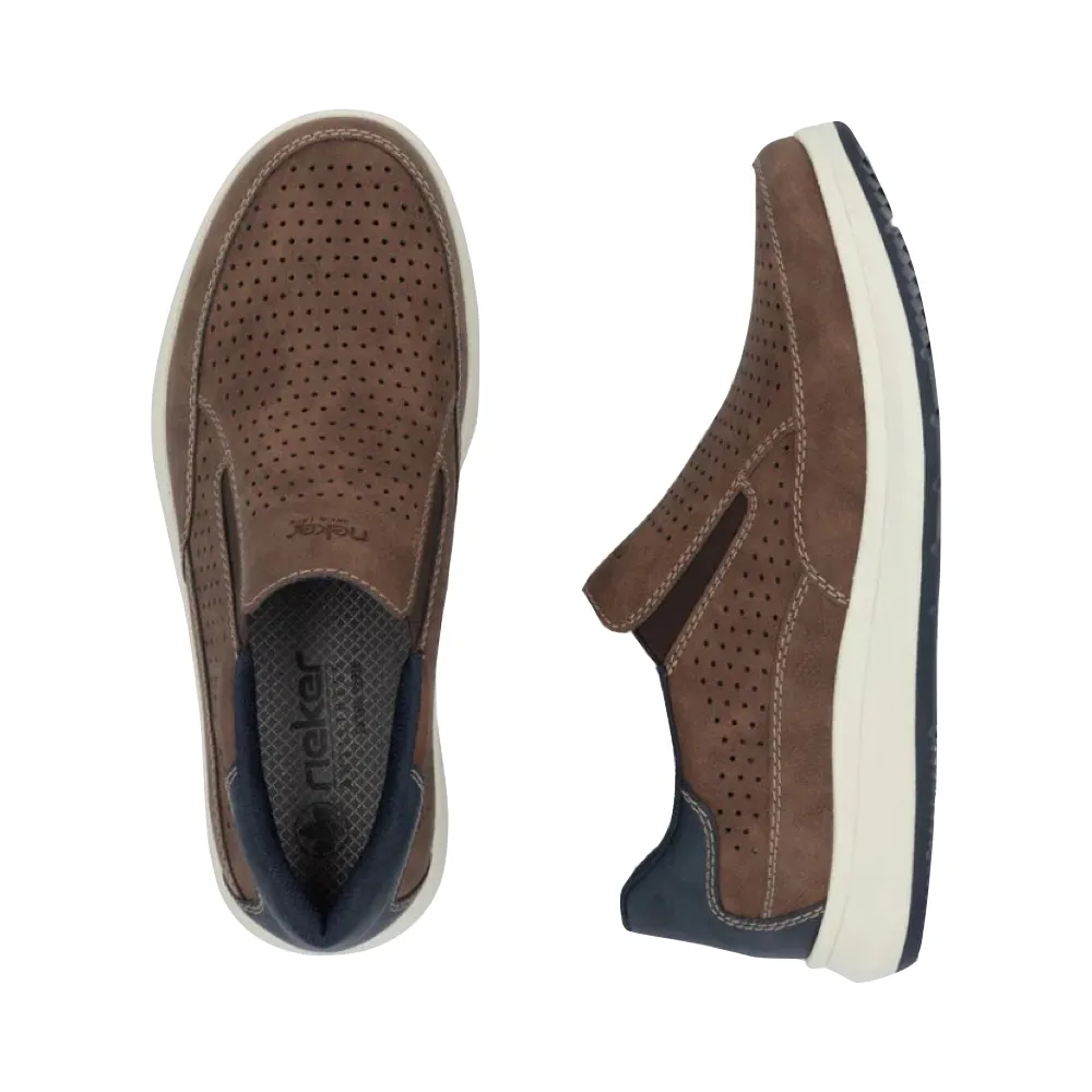 Indoor Walk Rieker Men's Reinhard 52 Perfed Slip On in Tan Fuchs/Midnight