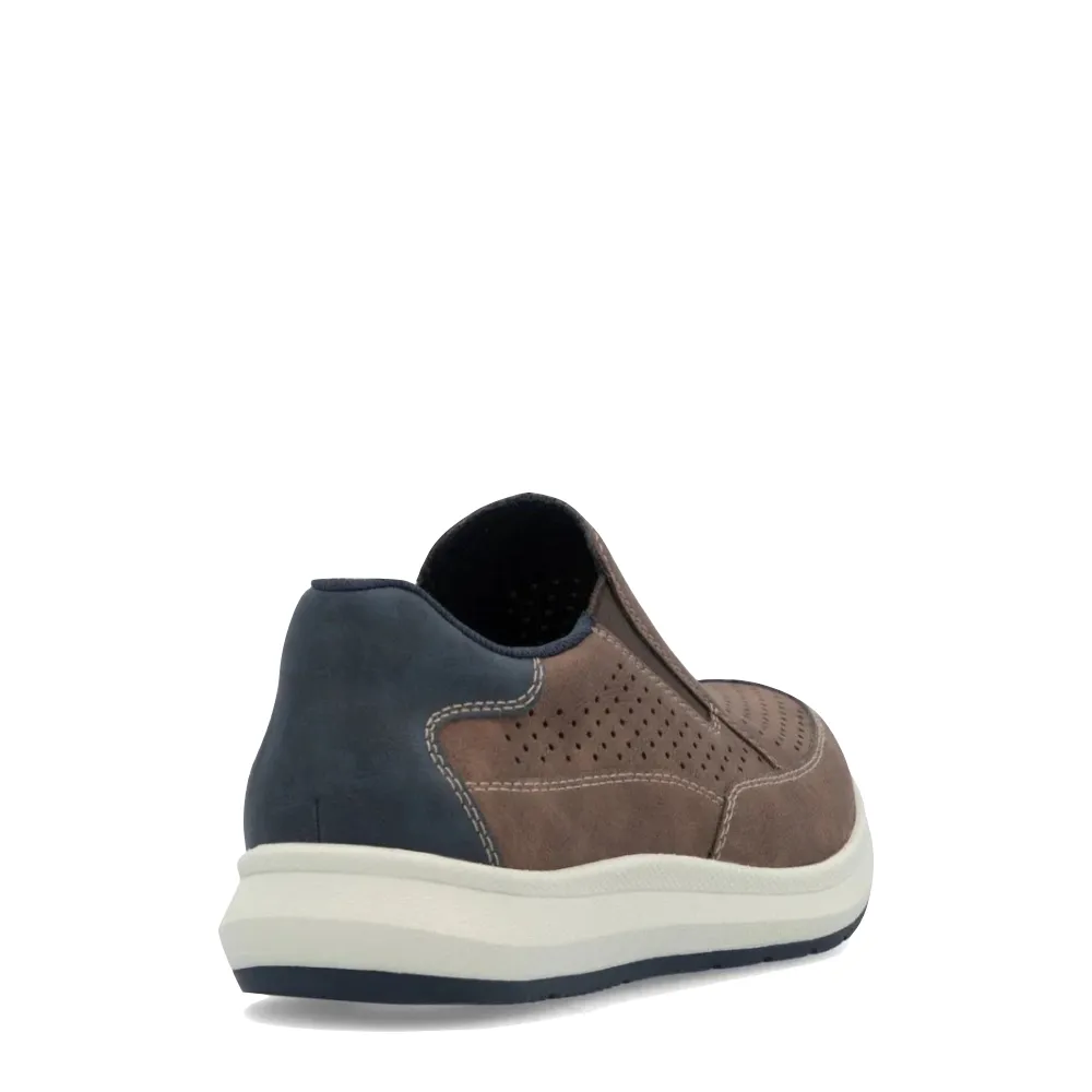 Light Journey Premium Leather Rieker Men's Reinhard 52 Perfed Slip On in Tan Fuchs/Midnight