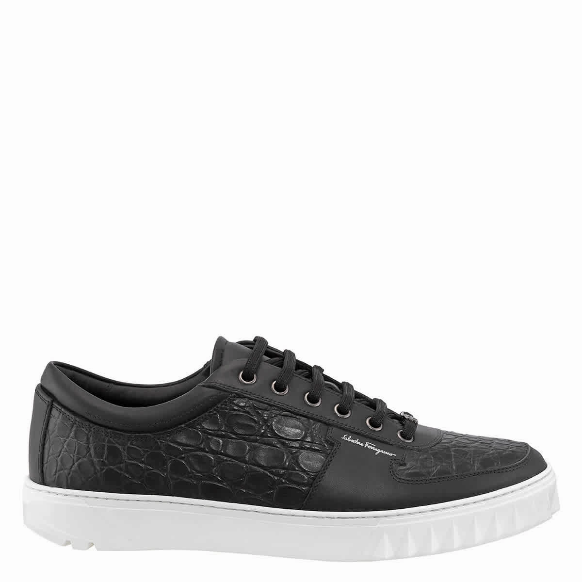 Salvatore Ferragamo Men's Scuby Black Croco Leather Low-top Sneakers running in the city