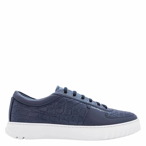 Salvatore Ferragamo Men's Scuby Blue Marine Croco Leather Low-top Sneakers running on asphalt