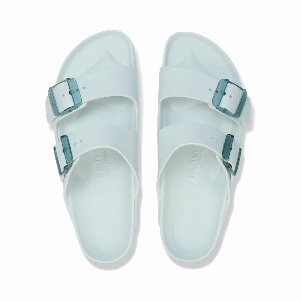 Birkenstock Women's Arizona EVA Stealth Buckle Sandal in Surf Green Supportive Travel Shoes. Comfortable Straps