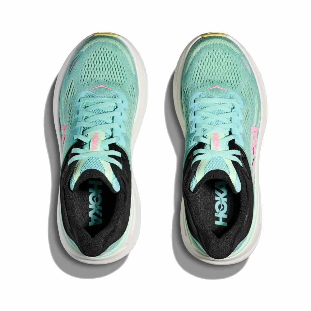 Hoka Women's Bondi 9 Sneaker in Blue Spark/Mint Fluorite Warm Interior Lean Look