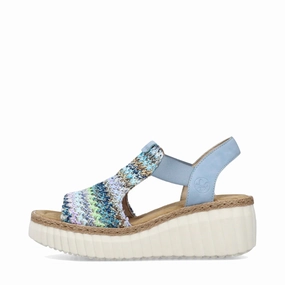 Stacked Heel Rieker Women's Rose 72 Wedge Sandal in Blue Multi/Aqua