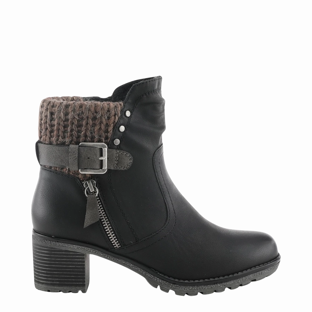 Full Day Fit Square Toe Spring Step Women's Rene Water Resistant Side Zip Sweater Cuff Heeled Boot in Black