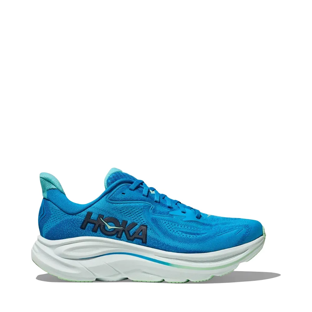 Hoka Men's Clifton 10 Sneaker in Hoka Blue/Skyward Blue running with a fitness tracker