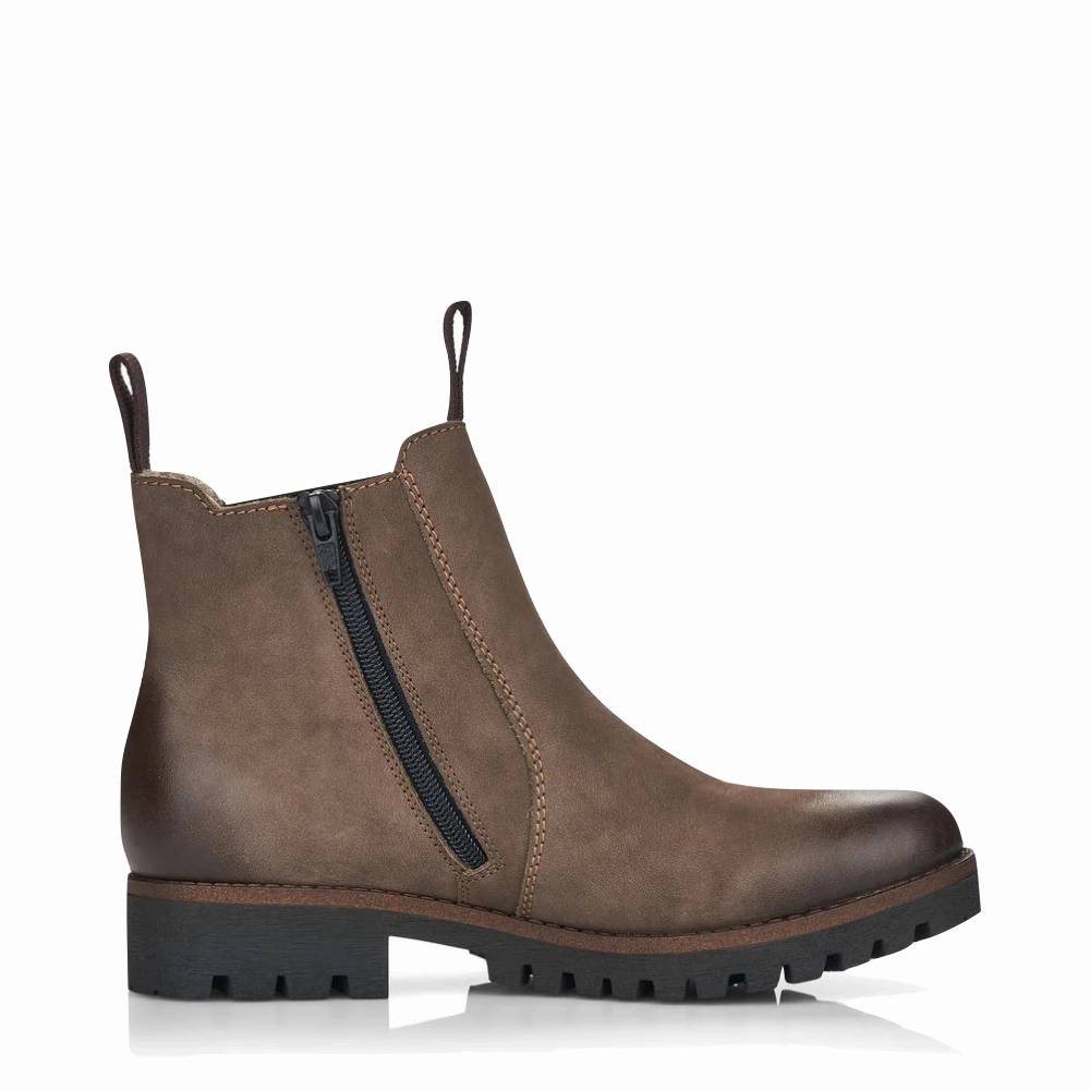 Rieker Women's 70 Chelsea Side Zip Suede Boot in Mud Brown Steady Motion Commute Look