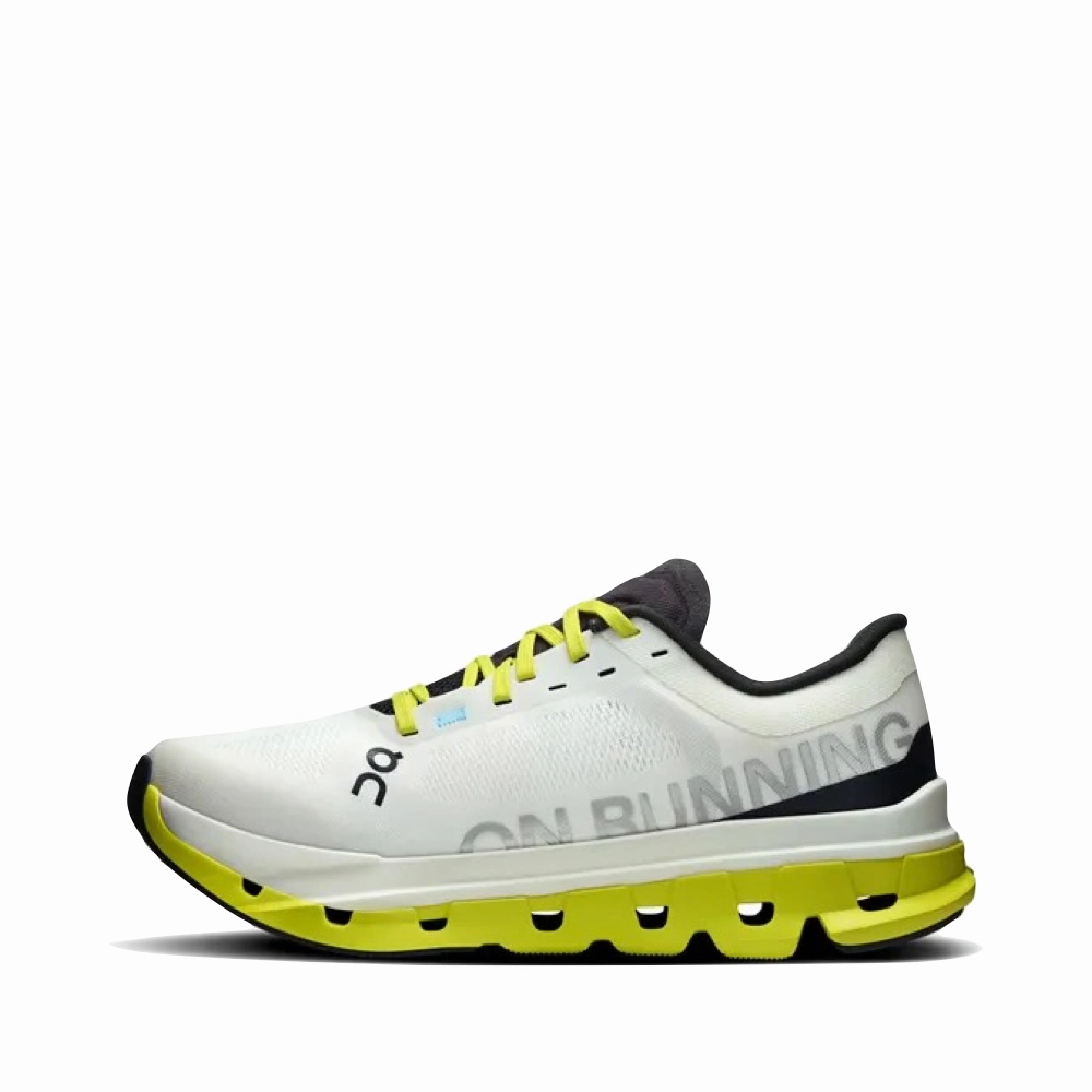 On Women's Cloudflow 5 Sneaker in White/Lime Subtle Vibe Breathable fabric