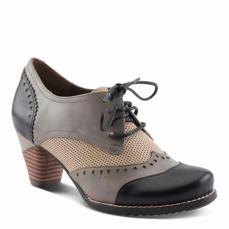 Spring Step Women's Bardot Tie Pump in Black Multi Vintage Look