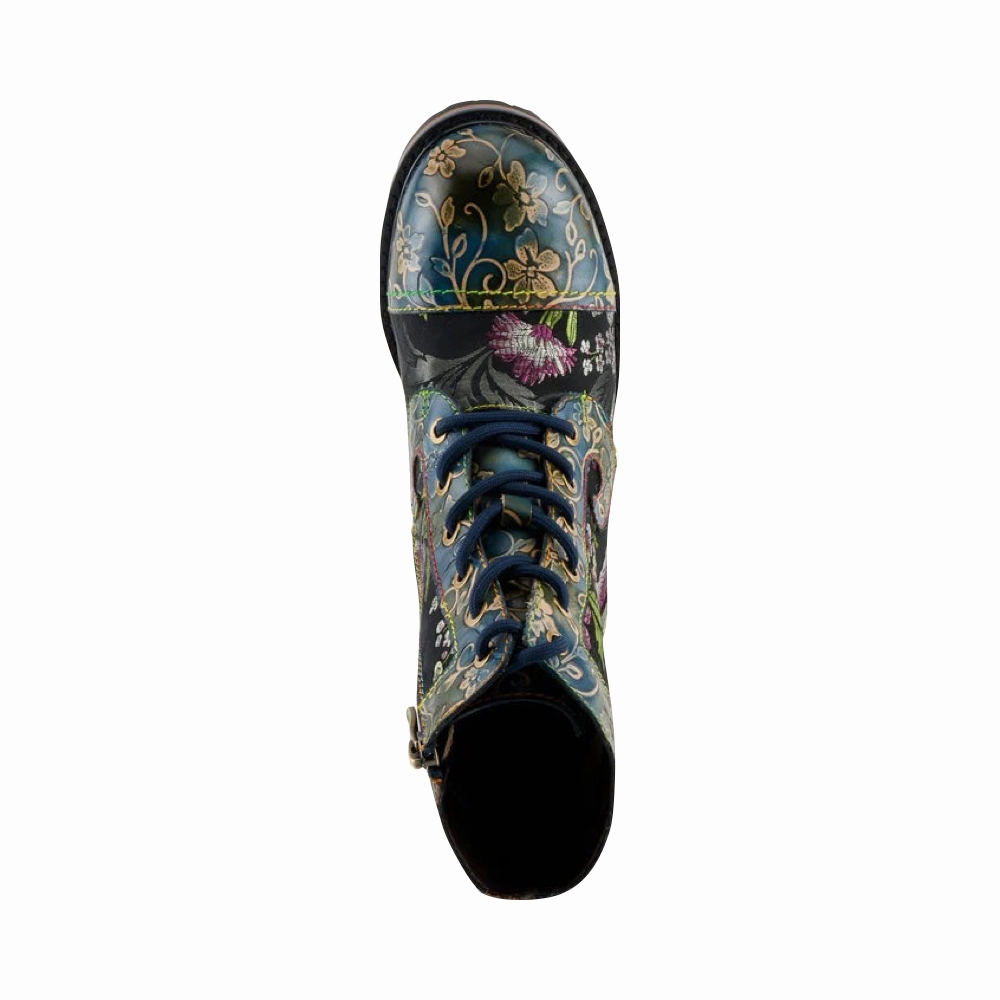 Spring Step Women's Fantastic Leather Floral Print Boot in Blue Multi Relaxed Step Support Zone