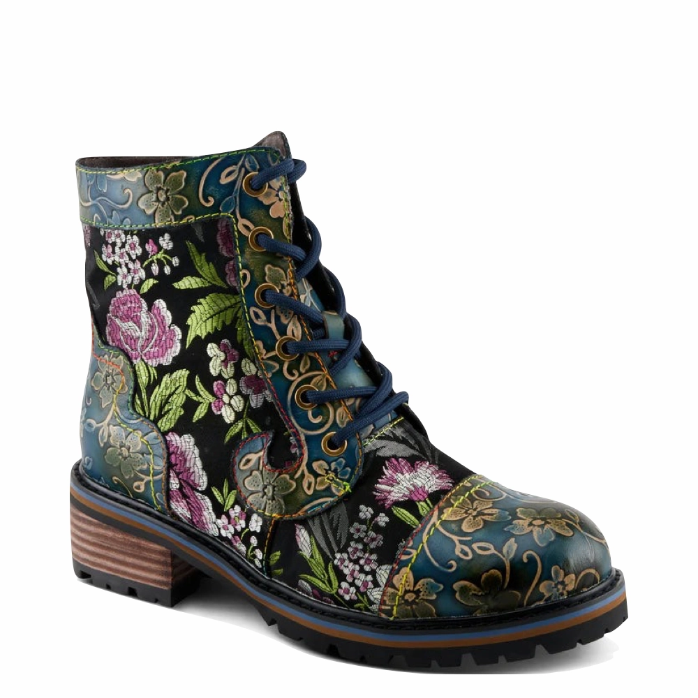 Shape Hold Spring Step Women's Fantastic Leather Floral Print Boot in Blue Multi