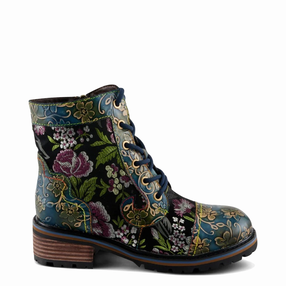 Wide toe box Spring Step Women's Fantastic Leather Floral Print Boot in Blue Multi
