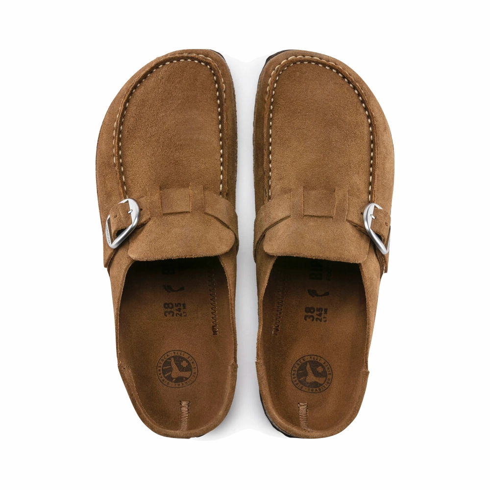 Mesh Upper Glow Edge Birkenstock Women's Buckley Suede Clog in Tea Brown