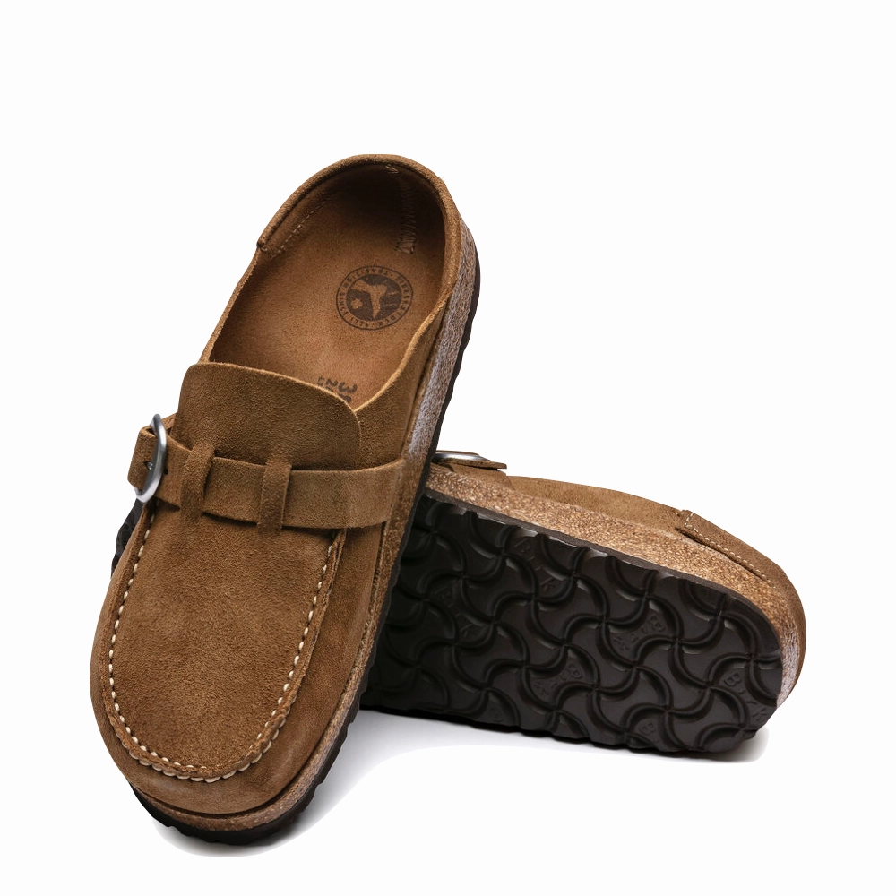Versatile Fit Birkenstock Women's Buckley Suede Clog in Tea Brown