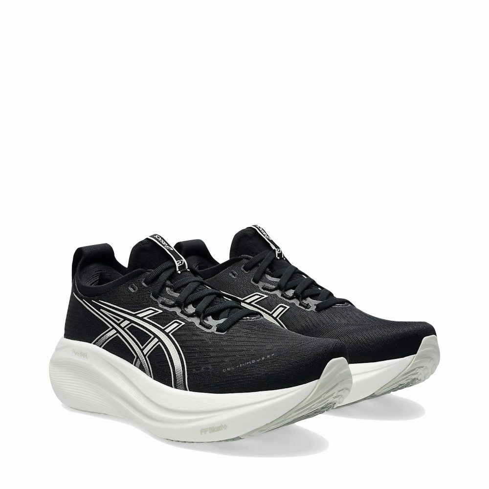 Asics Women's Gel Nimbus 27 Sneaker in Black/Lake Grey Quick lace