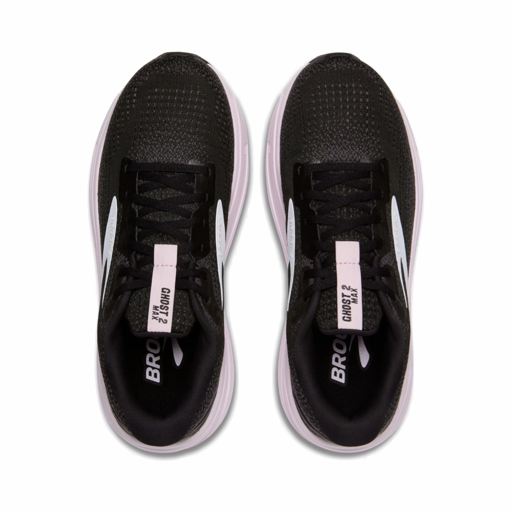 Brooks Women's Ghost Max 2 Sneaker in Black/White/Orchid Ice EVA sole Eco Materials