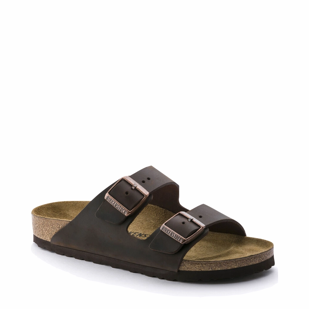 Slip In Birkenstock Arizona Oiled Leather Soft Footbed Sandal in Habana Brown