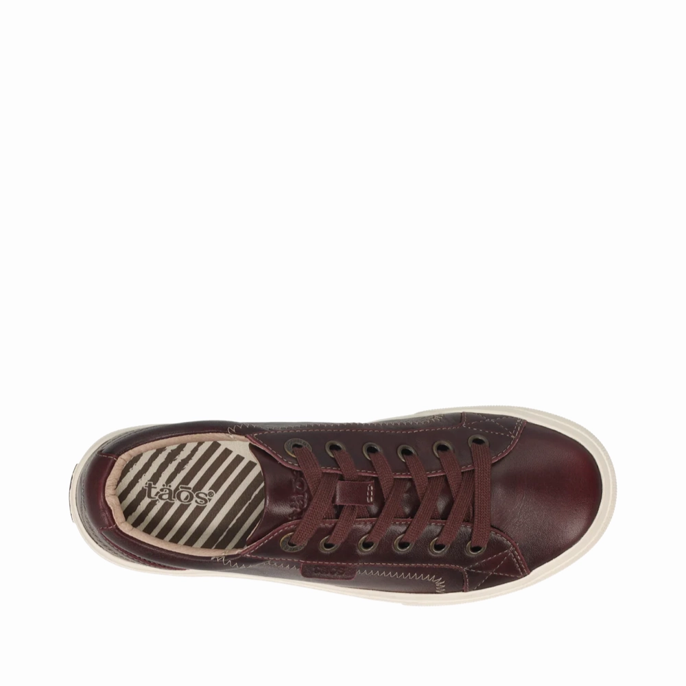 Taos Women's Plim Soul Lux Leather Sneaker in Merlot Comfortable Padding Foam Insole