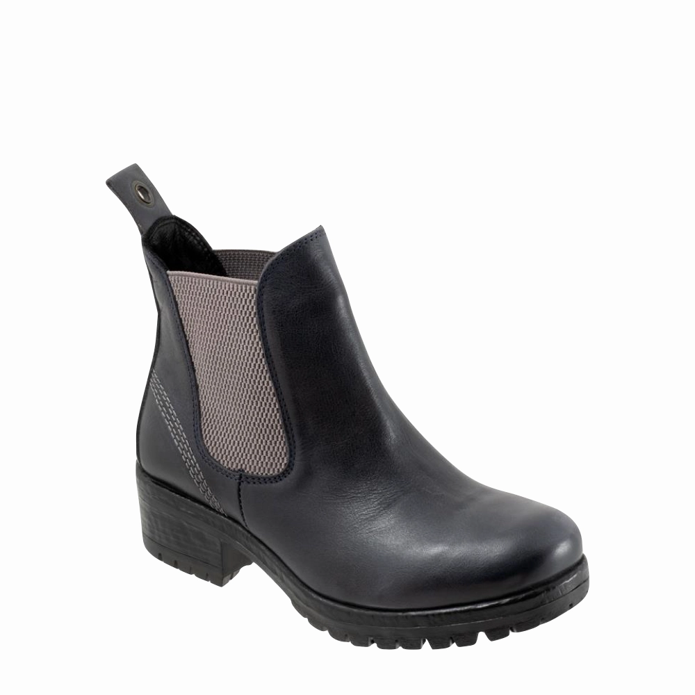 Bueno Women's Florida Leather Pull On Heeled Chelsea Boot in Navy/Grey Relaxed Cushion