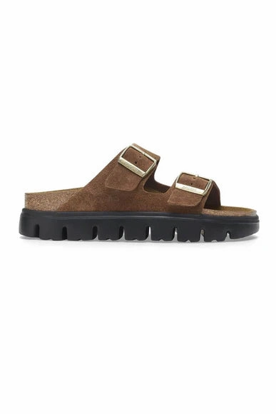Birkenstock Women's Arizona Chunky Two Strap Sandal in Dark Tea/Black Flat Heel