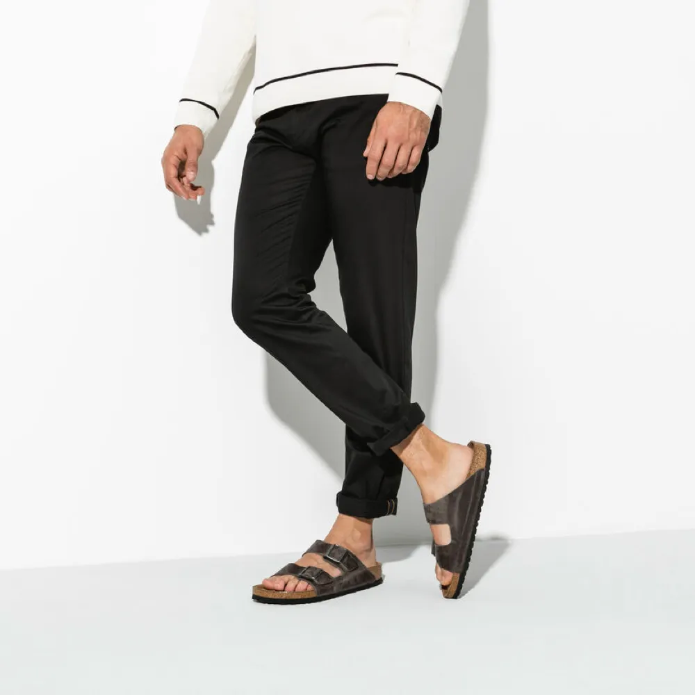 Birkenstock Arizona Oiled Leather Soft Regular Footbed Sandal in Iron Grey Ventilated Side