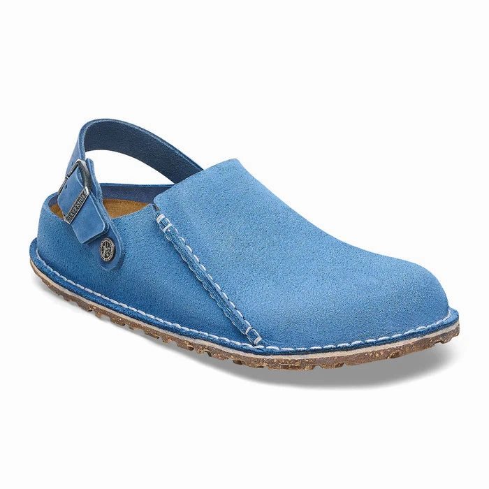 Valley Hike Birkenstock Women's Lutry Premium Suede Leather Clog in Elemental Blue