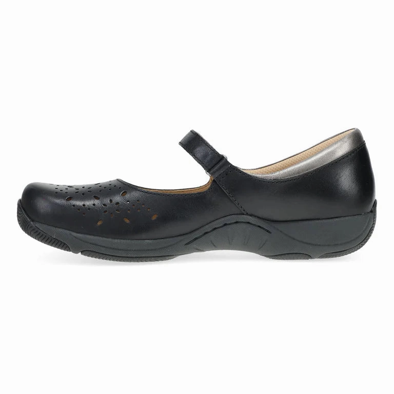 Dansko Women's Stacy Mary Jane in Black Waxy Burnished Leather Flat Walk Slip On Design