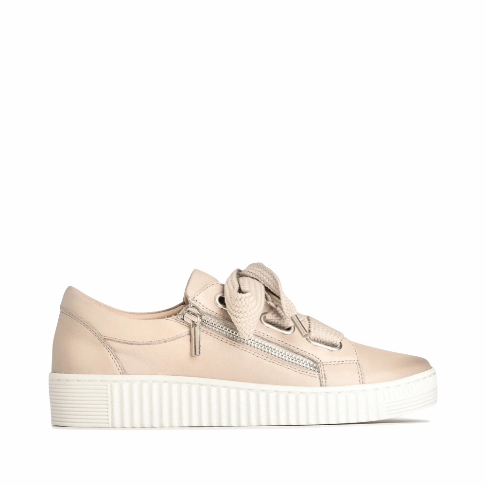 Fashion Walk EOS Footwear Women's Jovi Leather Tie Sneaker in Stone