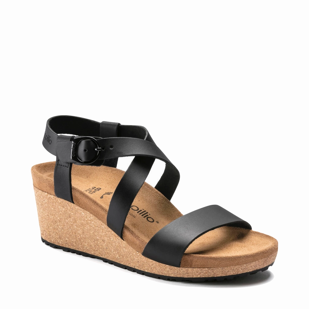 Simple Edge Soft Flex Birkenstock Women's Sibyl Smooth Leather Wedge Sandal in Black