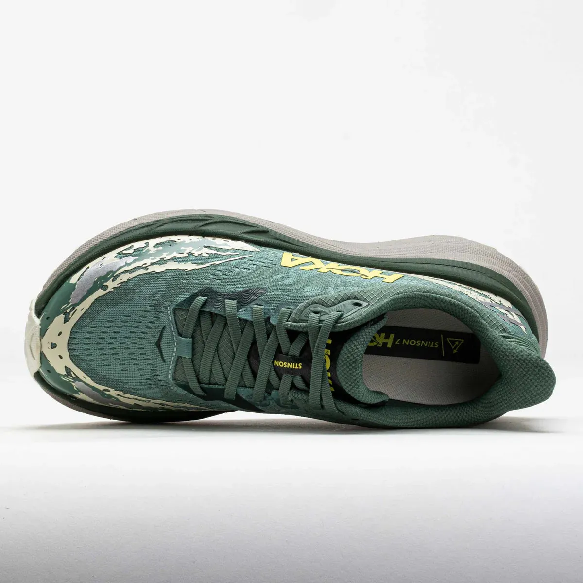 Hoka Men's Stinson 7 Sneaker in Fern/Cement Grey running in bright colors hurdles shoes